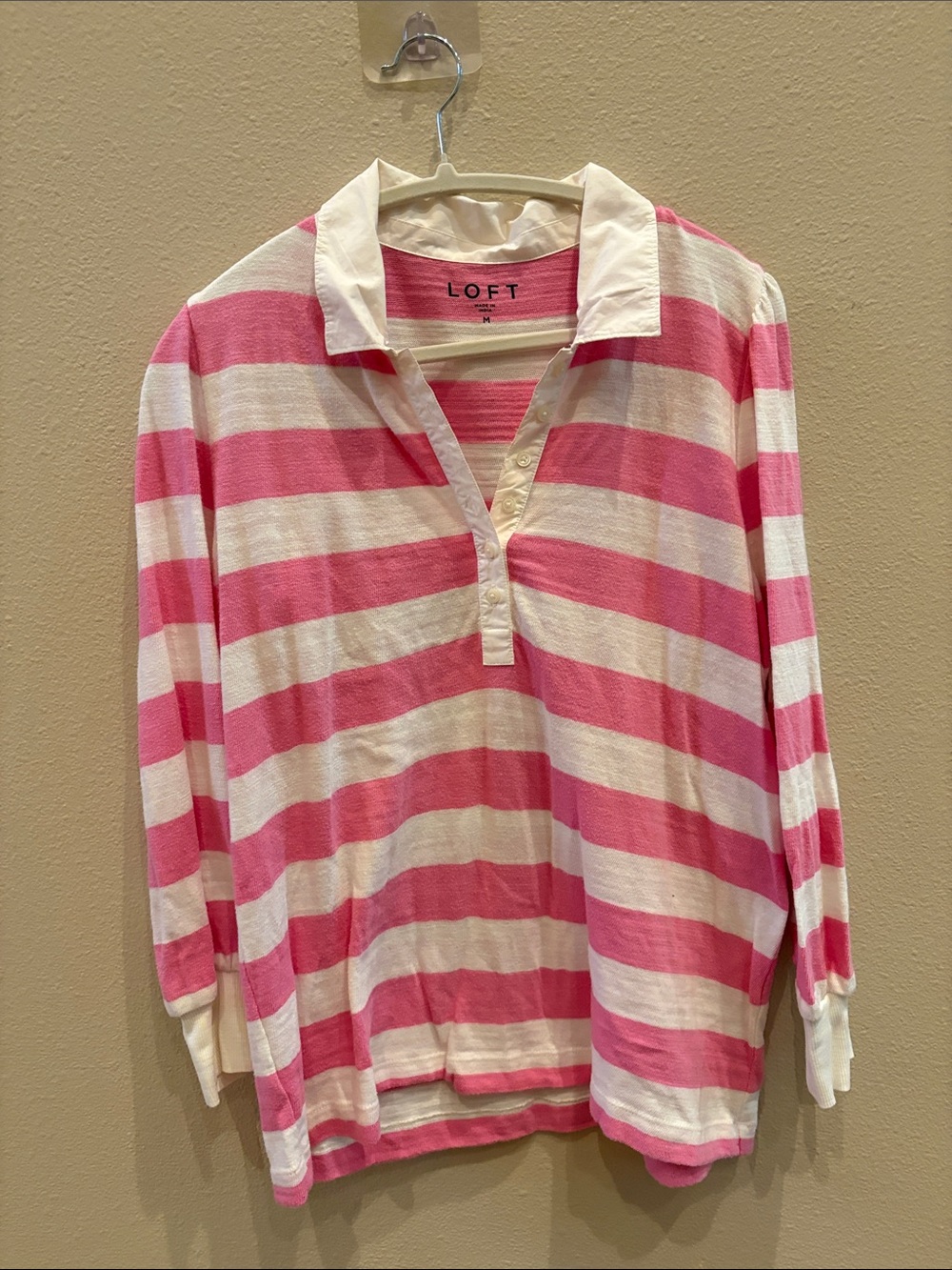 LOFT Pink & White Striped Long Sleeve Polo Top